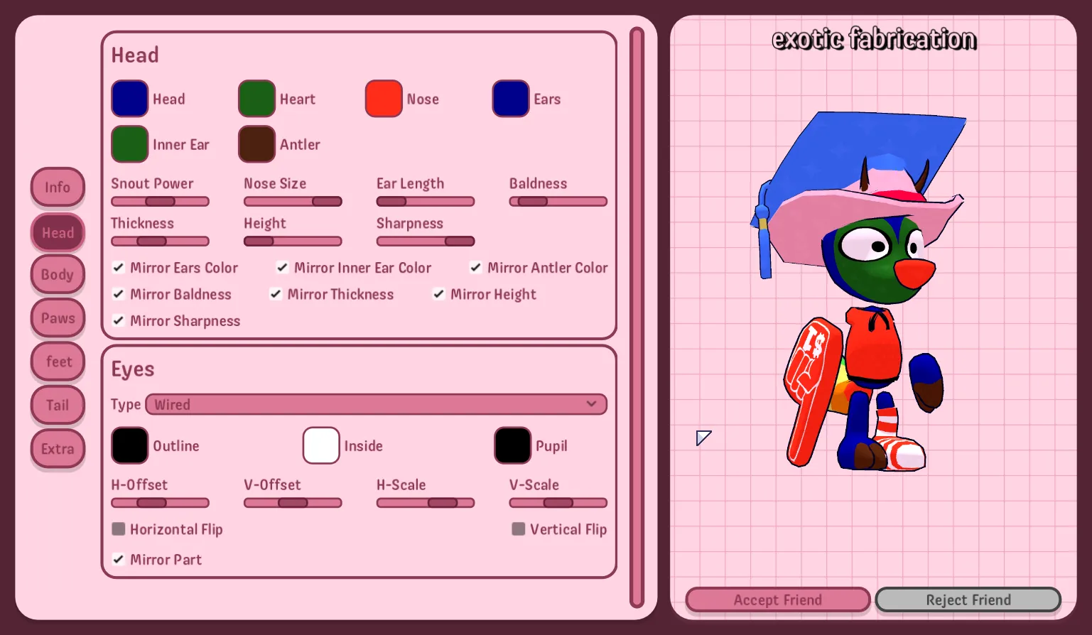 The Friend Maker, featuring a Friend called "exotic fabrication". They are a blue/green deer with a rainbow tail and a big nose wearing a cowboy hat, a graduation cap, a $1 glove, a red hoodie, and one sock.