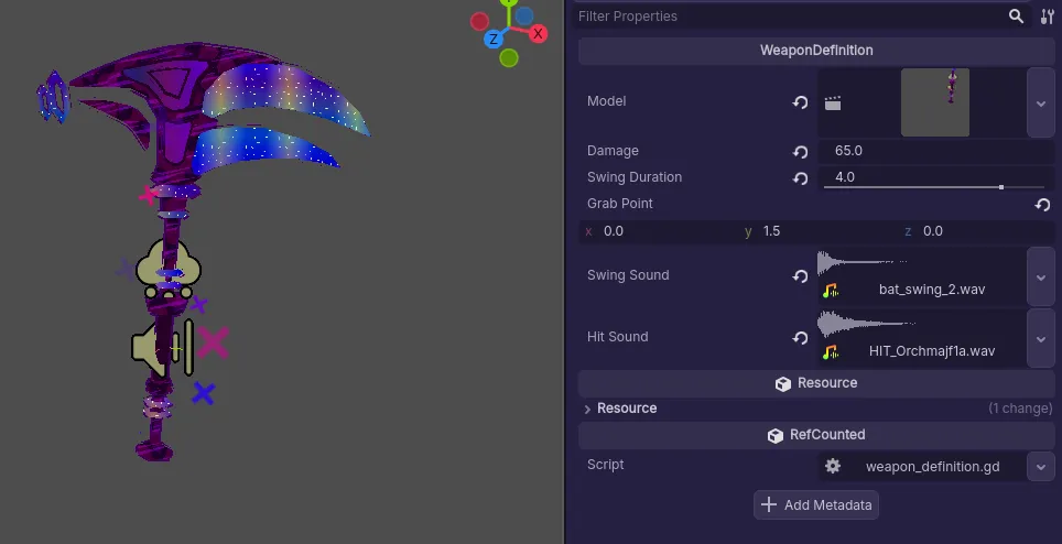 A picture of our badass scythe, along with an inspector view of multiple parameters: model, damage, swing duration, grab point, swing sound, and hit sound.